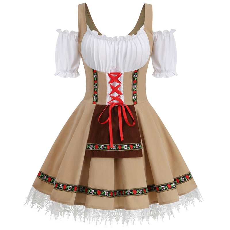 GRAJTCIN Oktoberfest Costumes Women Velvet German Bavarian Dirndl Dress Beer Maid Outfit for Halloween Carnival (L, Khaki) - Image 4